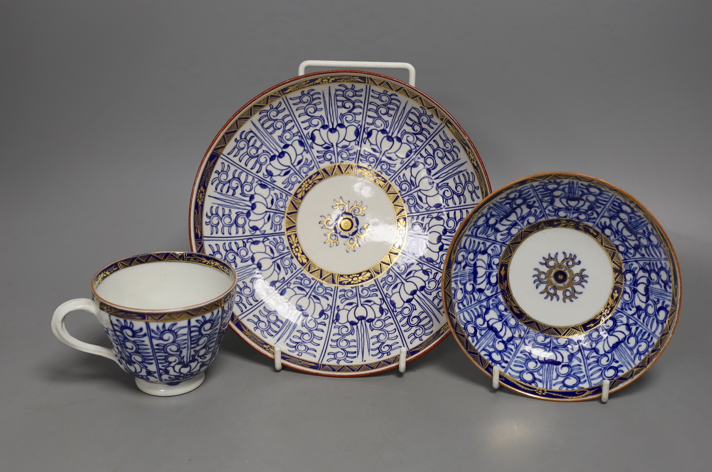 A Chamberlains Worcester saucer shaped dish and coffee cup and saucer both painted with the Royal Lily pattern c.1785